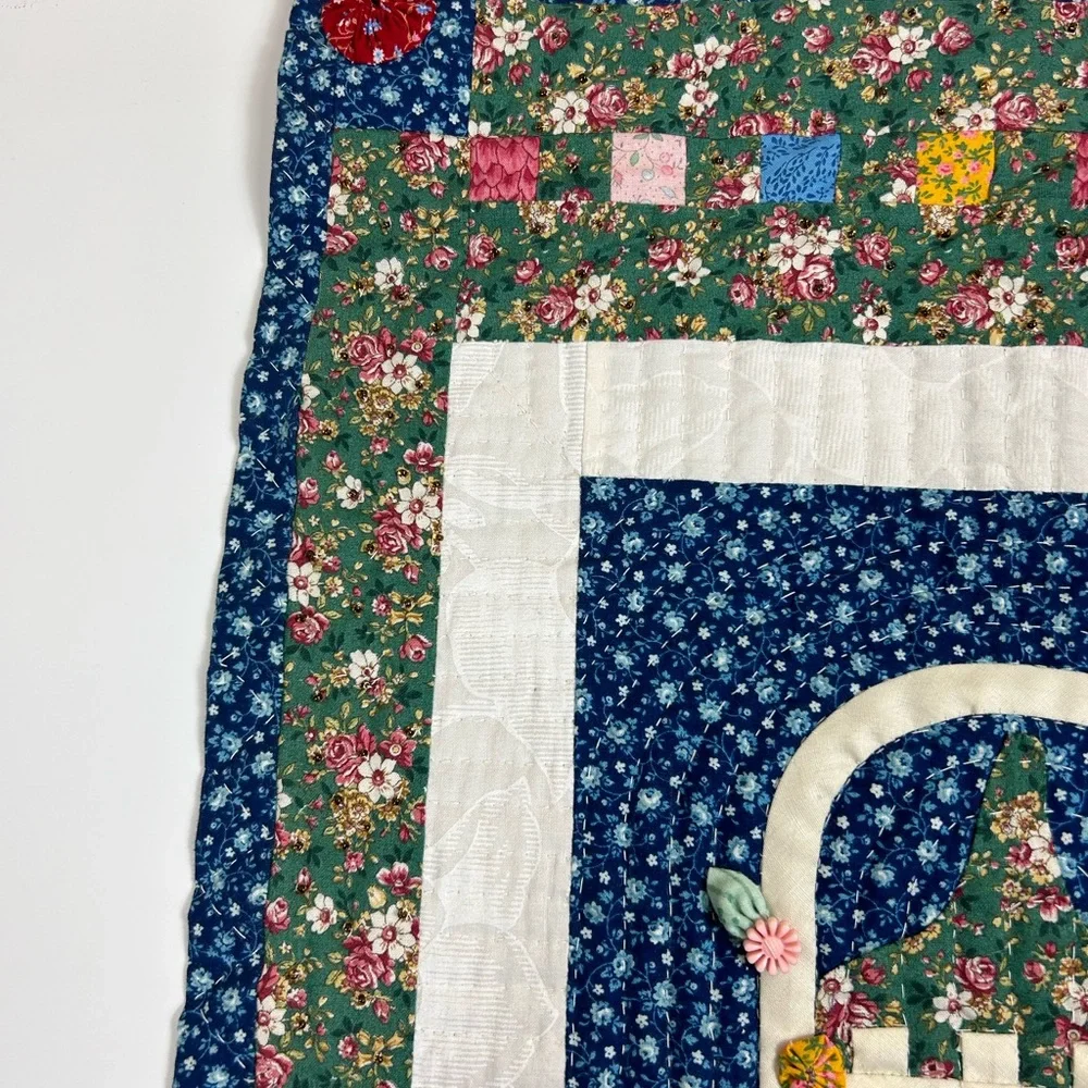 Cottagecore Flower Basket with Buttons Handmade Quilted Fabric Hanging Wall Art